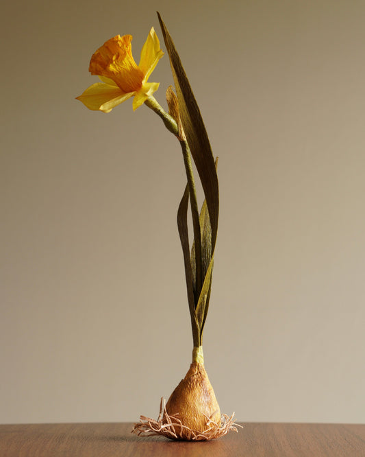 side view of handcrafted paper daffodil with traditional trumpet bloom and long stem