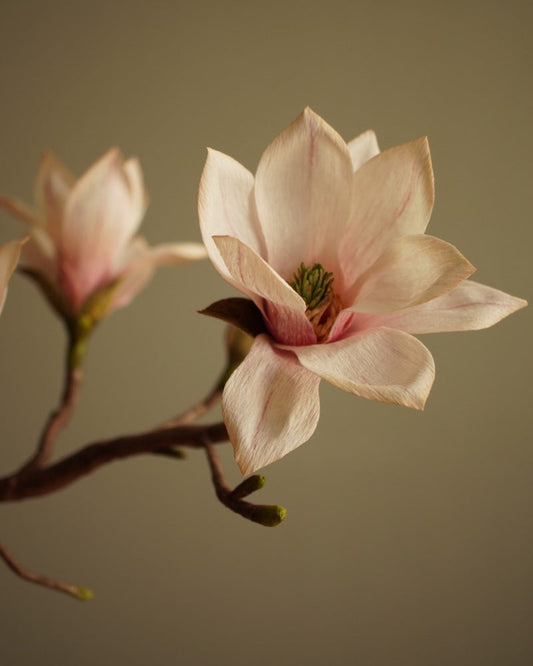 Handcrafted paper magnolia flower in soft blush tones, shown in close detail against a warm neutral background.