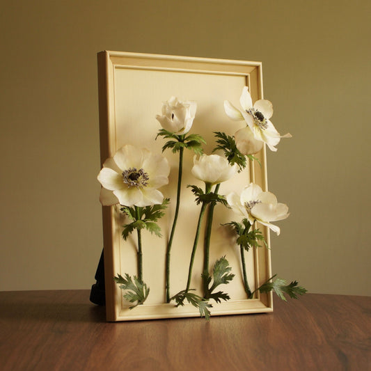 Framed paper anemone artwork featuring five white anemone blooms on a hand painted backing within an aged wooden fram