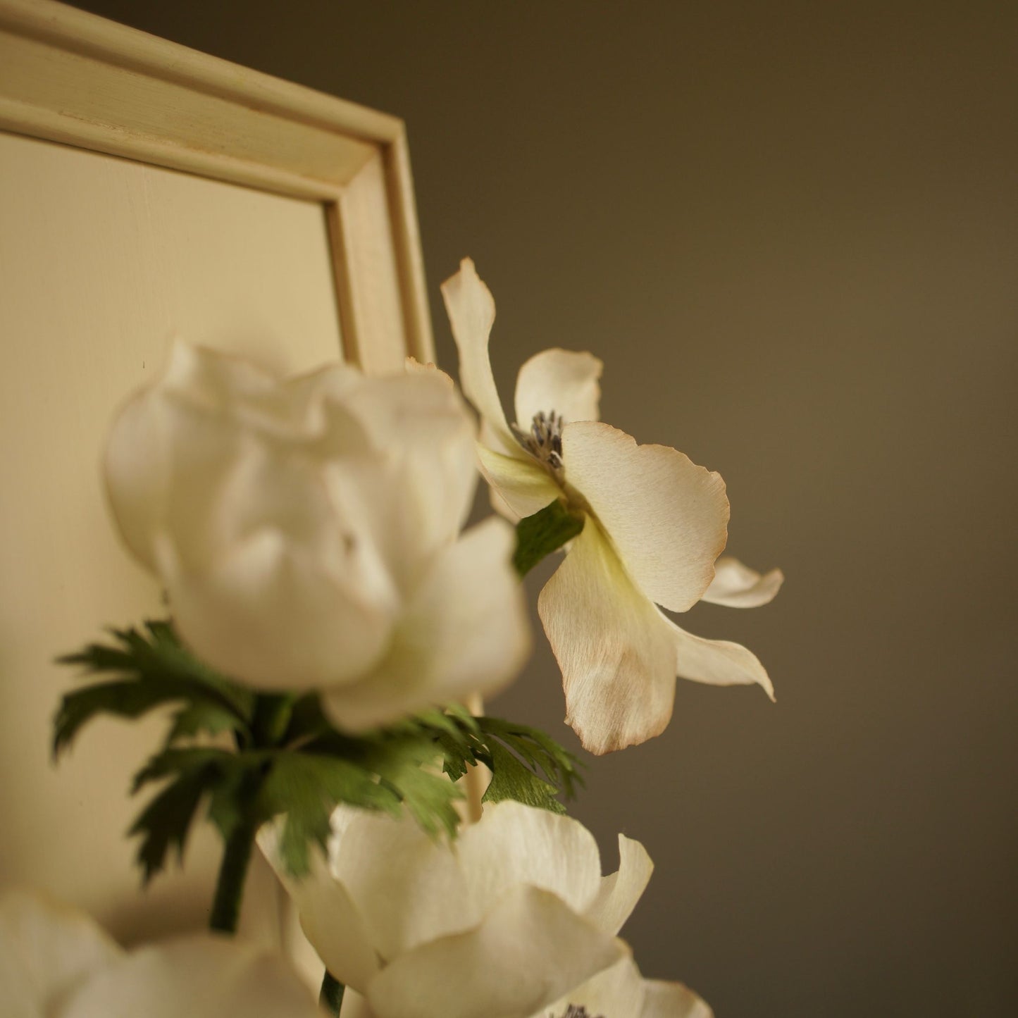 Side view of paper anemone flowers extending forward from a painted wooden frame