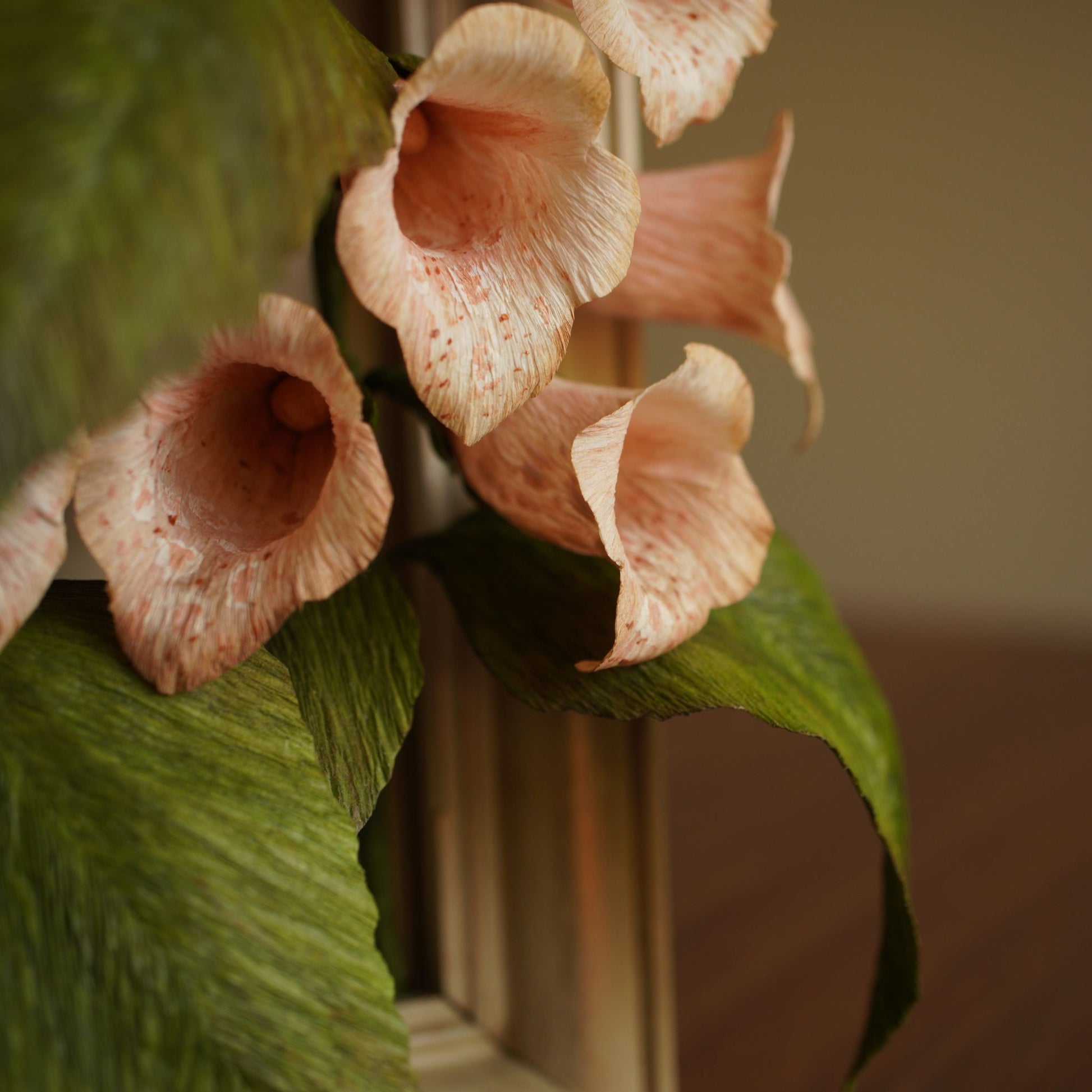 Detailed view of clustered foxglove paper blooms with buds and layered petals