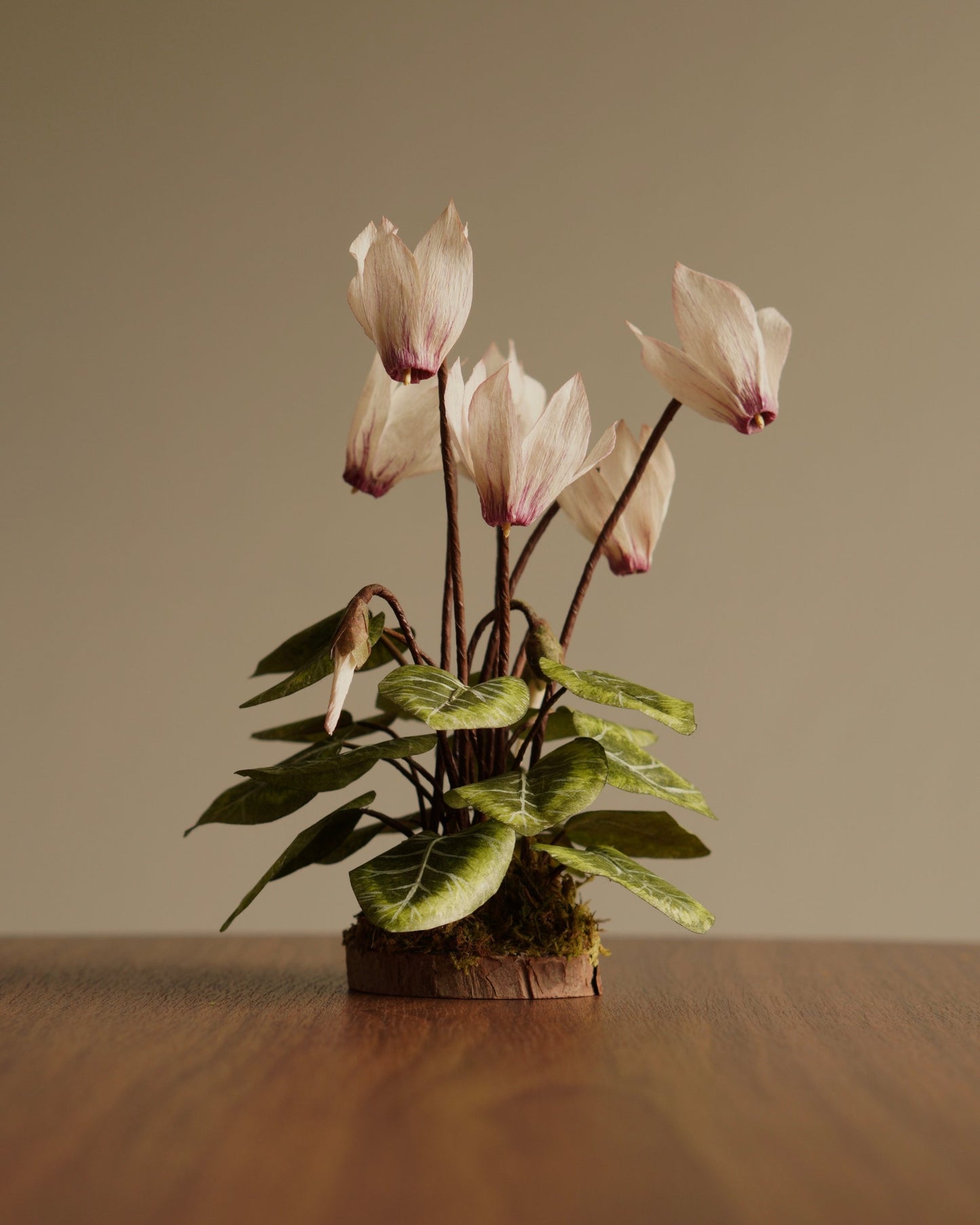 Paper cyclamen sculpture displayed on wooden surface with layered foliage and blooms