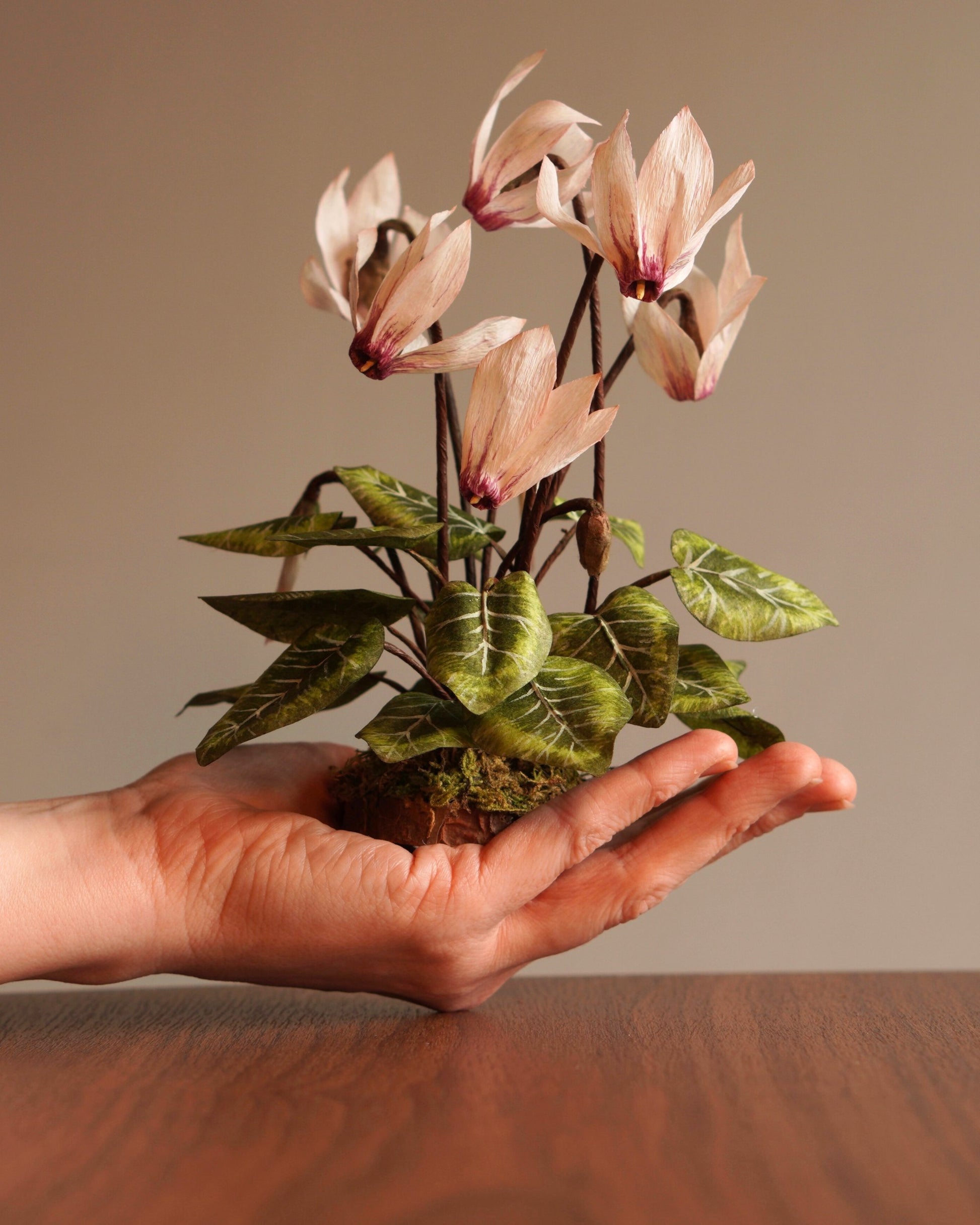 Hand holding paper cyclamen sculpture showing size and moss base detail