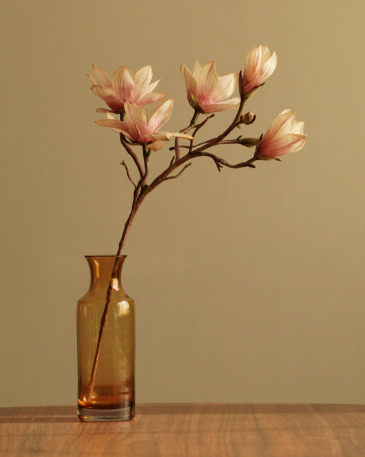 Paper magnolia stem with pale pink blooms arranged in glass bottle on wooden surface