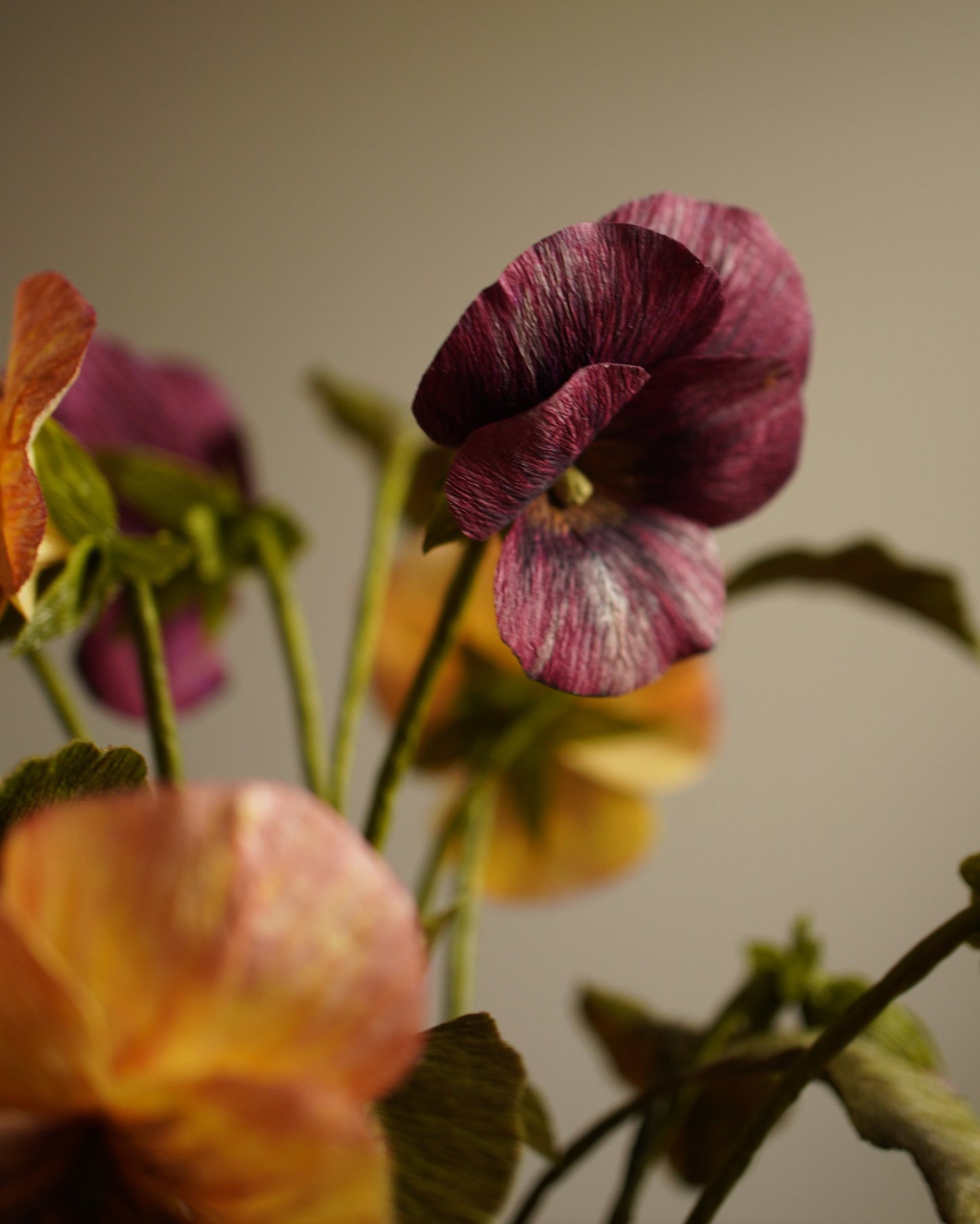 Close-up of purple paper pansy with curved petals